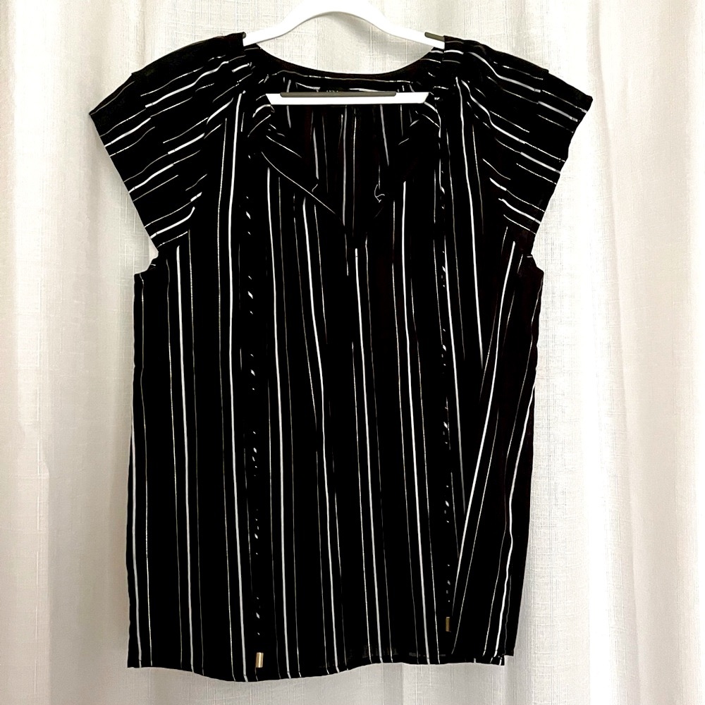 Ann Taylor Top Metallic Stripe Flutter Sleeve Tie Neck Blouse